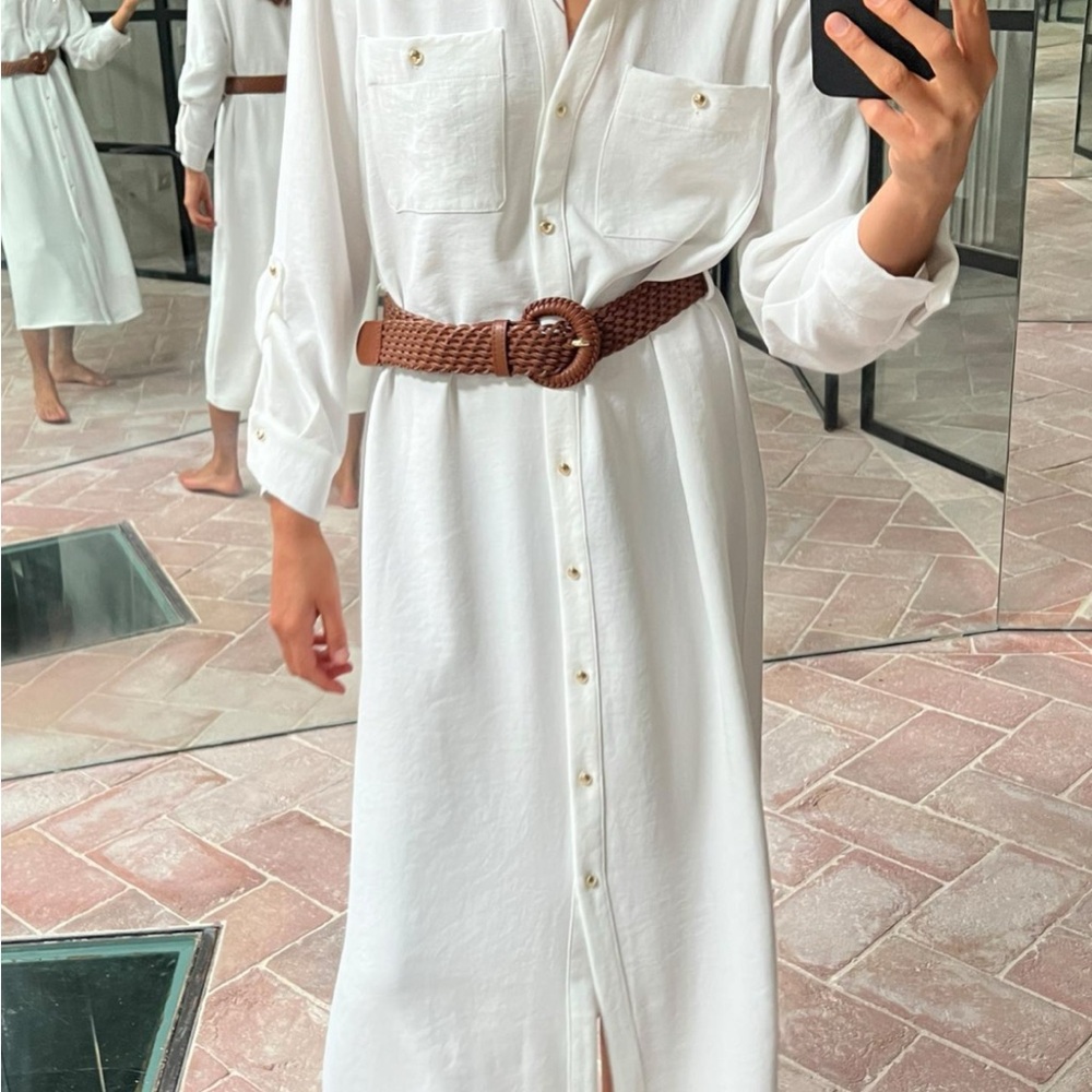 Zara White Maxi Shirt Dress with Long Cuffed Sleeves and Dress Shirt Collar